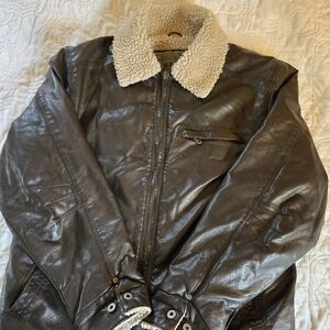 Machine Dark Brown Leather Bomber Jacket with Cream Shearling Lined Mens Size L